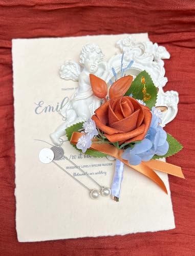 Marriwise 6pcs Rose Boutonniere for Men, Artificial Flowers Terracotta & Blue Wedding Groom Groomsmen Boutonniere for Wedding/Anniversary/Prom/Rustic Wedding/Homecoming (Terracotta & Blue) - color: Terracotta & Blue