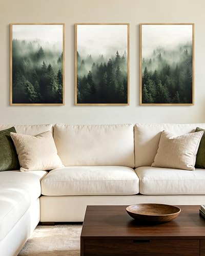 PHOPAGO Green Fog Pine Tree Framed Wall Art Large 16x24in Nature Misty Nordic Forests Artwork Morden Paints for Living Room Home Office Decor - Natural Framed - color: Green Pine Forest, size: 24L" x 16W" x 3 Pcs Natural