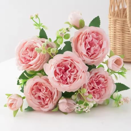 30cm Rose Pink Silk Bouquet Peony Artificial Flower 5 Big Head 4 Small Bud Bride Wedding Home Decoration Artificial Flower (Pink) - color: Pink