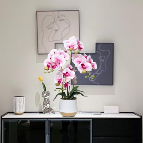 Artificial Orchid Flowers in Ceramic Vase Realistic Pink Faux Orchids 19.5 Inch Fake Phalaenopsis Plant Arrangements for Home Indoor Centerpiece Decor (Set of 4 Stems) - color: Pink, size: 14CM- WhiteGolden