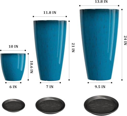 QCQHDU 24,21,11 inch Large Planters with Drainage Hole & Saucer, Set of 3 Plant Pots Tall Planter for Indoor & Outdoor Plants Home Modern Decor - color: Blue, size: 24,21,11 inch