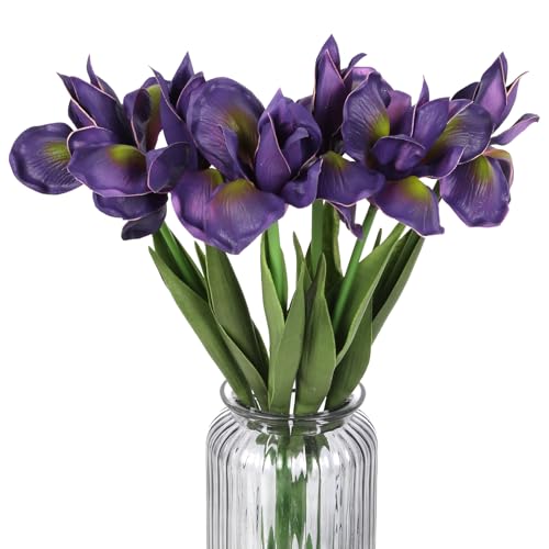 Purple Iris Flowers Real Touch 6 PCS Iris Artificial Flowers 18.9 in Long Stems Flowers for Decoration for Wedding Bridal Home Kitchen Party(Dark Purple) - color: Dark Purple