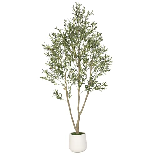 VIVATREES Artificial Olive Tree, 7FT Tall Faux Olive Tree with White Planter, Artificial Plants with Natural Wood Trunk and Lifelike Fruits for Home Office Decor - color: White-7ft, size: 10in