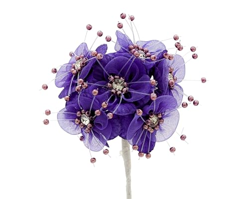 72PC Artificial Organza Flower Rhinestone Pick for Home Craft Decor DIY Wedding Bridal Veil Headband Dress Cake Topper Embellishment Scrapbook Favor Corsage Floral Bouquet Arrangement (Purple) - color: Purple