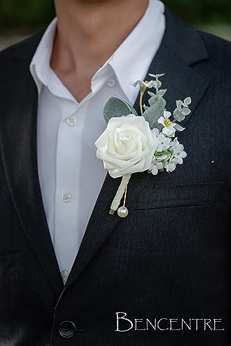 Ivory Boutonniere for Men,Prom boutonnieres, White boutonnere,Groom and Groomsmen Boutonniere for Wedding Ceremony Anniversary, Formal Dinner Party and Grad Night (Set of 6) - color: Ivory, size: set of 6