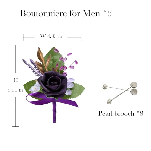 Marriwise 6pcs Rose Boutonniere for Men, Artificial Flowers Wedding Groom Groomsmen Boutonniere for Wedding/Anniversary/Prom/Rustic Wedding/Homecoming (Dark Purple) - color: Dark Purple