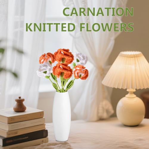 Crochet Flower, Cute Woven Carnation Bouquet, Artificial Crochet Flowers for Women, 6PCS Handmade Knitted Carnation Flower Decor Desk Home (Orange) - color: Orange