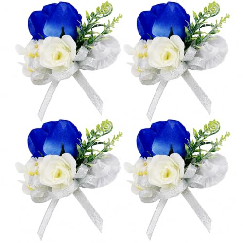 ChezMax Handmade Rose Wrist Flower Artificial Hand Flower with Ribbon 4 PCS for Bride Groom Wedding Prom Party - color: A-blue Wrist Flowers-4 Pcs