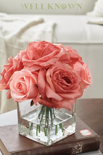 WELL KNOWN Rose Artificial Flowers in Vase with Faux Water, Silk Rose Table Centerpieces for Home Coffee Table Decor, Bean Pasty Pink Fake Rose Flower Arrangement for Wedding Office Hotel & Mom's Gift - color: Bean Pasty Pink