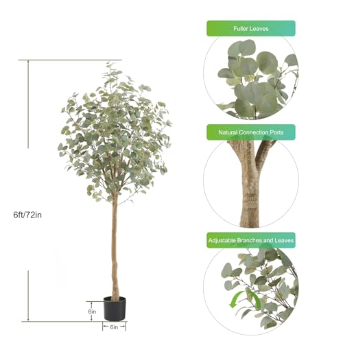 Nafresh Tall Eucalyptus Tree Artificial，6ft(72in) Faux Eucalyptus Tree with Realistic Silk Leaves， Fake Trees Indoor Outdoor for Home Office Living Room Bedroom Foyer Porch Decor.