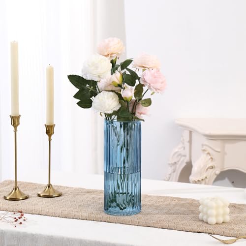 Blue Glass Vase, Glass Flower Vase, Ribbed Glass Vases, Blue Vase, Tall Cylinder Vases for Centerpieces, Living Room, Bedroom, Dining Table, Office, Wedding, Bookshelf Decoration, 10 Inches - color: Blue, size: 10''