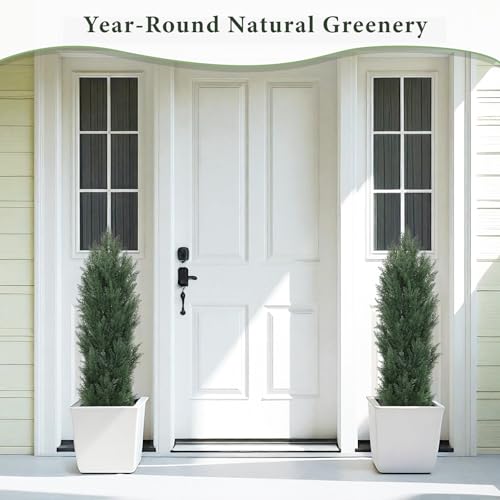 THE BLOOM TIMES 4ft Topiary Trees Artificial Outdoor Set of 2, UV Resistant Faux Cedar Pine Cypress Bushes & Shrubs, Fake Plants for Front Porch Outside Planter Patio Decor 4 Foot Tall - color: Dark Green Cedar Trees, size: 4 Foot