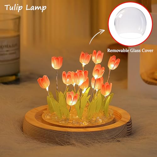 Lifnatty Tulips Lamp Gifts for Women, Tulips Artificial Flowers Night Light, Light Up Pink Tulip in Glass Dome for Bedroom, Unique Birthday Gifts for Women, Mom, Sister, Friends, Cute Home Decor