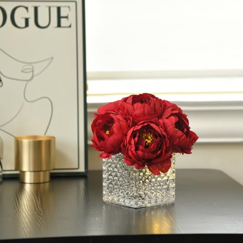 Artificial Peony Silk Flower Centerpieces with LED Light Faux Floral Arrangement in Glass Vase for Home Wedding Table Decoration (Dark Red) - color: Light-dark Red