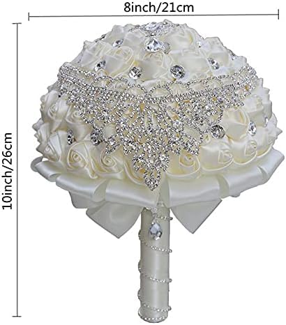 XINNI Handmade Bridal Wedding Bouquet Bride Bridesmaid Satin Rose Flower Bouquet with Drop-Shaped Rhinestone Wedding Decoration (Dusty Pink+Ivory) - color: Dusty Pink+ivory