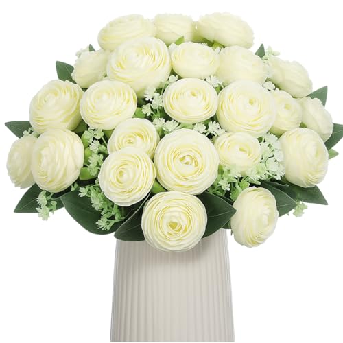 40 Heads Artificial White Rose Bouquets, 5 Bundles Fake Peony Flower Stems, 11.42 Inch Faux Silk Floral Picks for Wedding, Party, Table Centerpieces, Home Decor & Vase Filler