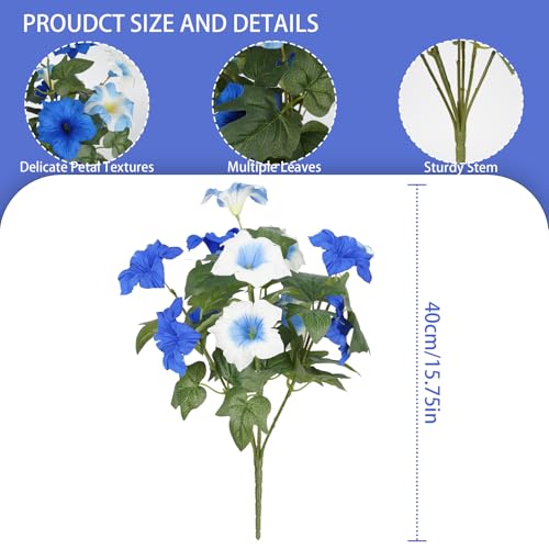 Artificial Flowers for Outdoors, Faux Petunias Spring Summer Decoration, Fake Flowers Plants UV Resistant Look Real Silk Flowers for Outside Planter Front Door Porch Patio Yard (6, Blue-White) - color: Blue-white