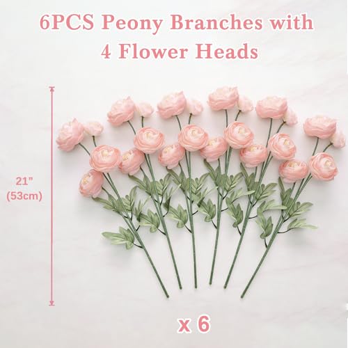 Artificial Silk Peony Fake Flowers,6PCS Artificial Faux Peonies Bulbs with 24 Silk Heads for Indoor Outdoor DIY Bouquets Wedding Centerpieces Home Decoration - color: Blush Pink