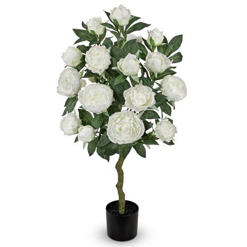 Hollyone White Fake Peonies Tree 3FT Peonies Artificial Flowers Tree in Pot Faux Peony Plants & Flowers in Planter Greenery Potted Plant Indoor Outdoor Front Door Porch Home Decor - color: 3ft - White