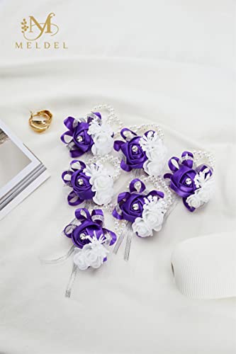 4pcs Purple Wedding Wrist Corsages Artificial Silk Rose for Women | for Wedding, Prom, Homecoming, and Evening Party, Wrist Corsages with Pearls for Brides, Bridesmaids, Mother of the Bride - color: 4pcs Deep Purple Wrist Corsages