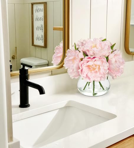 Hollyone Pink Peonies Artificial Flowers with Vase Faux Flowers Peony Fake Flowers Silk Flower Arrangements in Glass Vase with Faux Water for Home Decor Bathroom Table Centerpiece Shelf Decorations - color: Peony, Pink