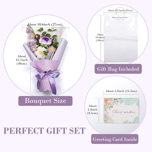 Crochet Flower Bouquet, Handmade Knitted Faux Crochet Flowers for Home Decor Valentine’s Day Anniversary Weddings Birthdays Mother’s Day, Includes Gift Bag and Greeting Card (Purple) - color: Purple