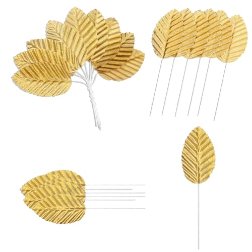 200 Pcs Golden Artificial Leaves with Stems DIY Corsage Single Leaf Crafts Gold Floral Accents Silk Leaf Artificial Leaves for Wedding Party Home Decor Flower Bouquet
