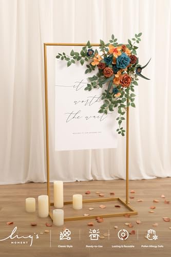 Ling's Moment Wedding Artificial Welcome Sign Flowers Swag Arch Floral Garland Decorations Teal Orange for Ceremony Reception Entrance Entryway Party Banquets Easel Wall Home Outdoor(NOT Include Sign) - color: Teal & Orange
