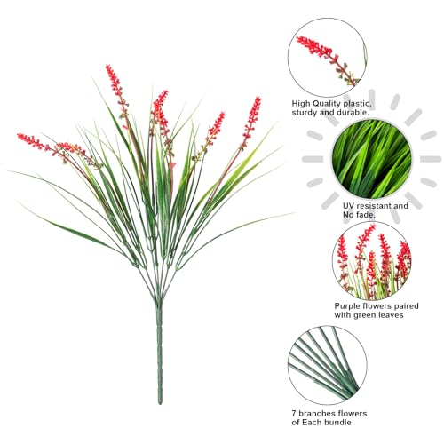 HyeFlora Artificial Fake Flowers Outdoor Plants for Summer Decoration,10 Bundles Faux Plastic Tall Monkey Grass Greenery UV Resistant Realistic Lavender for Home Planter Window Porch Garden-Red - color: Red