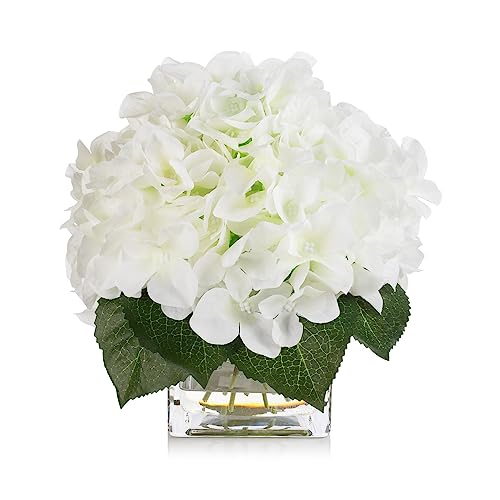 ENOVA FLORAL Silk Hydrangea Artificial Flowers in Vase with Faux Water, Silk Flower Arrangements in Vase for Home Decor, Wedding Table (Cream) - color: Cream