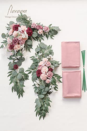 Floroom Arch Flowers with Drapes Kit (Pack of 4) - 2pcs Artificial Dusty Rose & Burgundy Floral Swag Arrangement with 2pcs Draping Fabric for Wedding Ceremony Arbor and Reception Backdrop Decoration - color: Dusty Rose & Burgundy