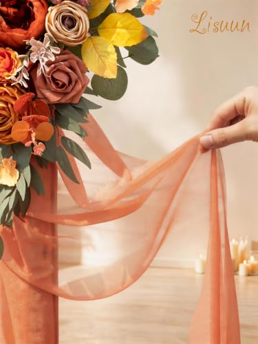 Lisuun Artificial Wedding Arch Flowers with Chiffon Runner, Pack of 3 | Includes 2 Flower Swags, 1 20ft Chiffon Runner and Zip Ties for Wedding Arches, Arbors and Backdrops - color: Autumn Orange