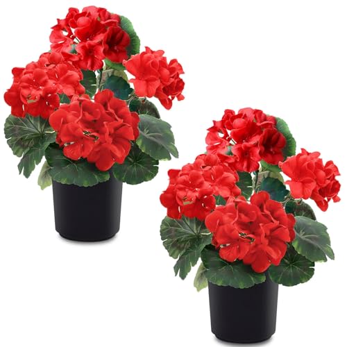 TURNMEON 2 Pack Artificial Geraniums Fake Flowers for Outdoors Summer Decoration, Silk Geraniums Red Flowers UV Resistant Faux Flower Potted Plants for Gardens Farmhouse Indoor Home Table Decor (Red) - color: Red