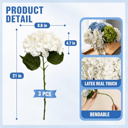 3Pcs 21in Hydrangea Artificial Flowers, Latex Real Touch Hydrangeas Bouquets, Lifelike Large Fake Artificial Flowers for Home Office Wedding Party Arrangements Decor (White) - color: White