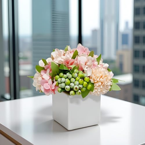 Artificial Flower Arrangement in Ceramic Vase Pink Hydrangea Home Decor | Artificial Pink Hydrangea Potted Flowers with White Vase, Fake Peony Green Berry Floral Decor for Home Office Wedding Table - color: Pink Hydrangea