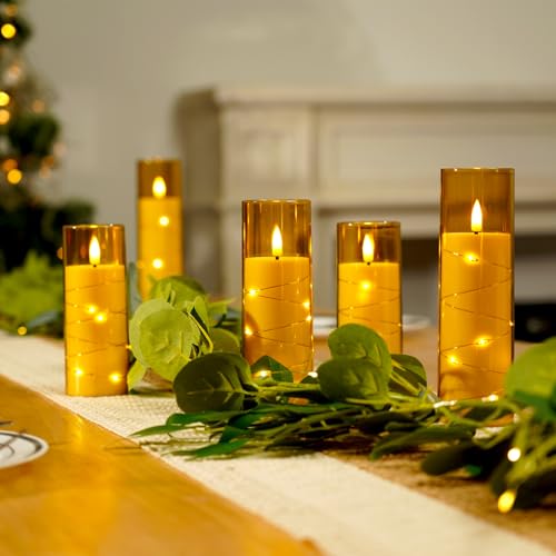 Homemory Flameless LED Candle with Embedded Star String Lights, Fake Candles with Remote Control & Timer, Battery Operated Candles, Amber, Set of 5 - color: Gold-5pcs, size: 5pcs, D2.2"x H5"5"6"7"8"