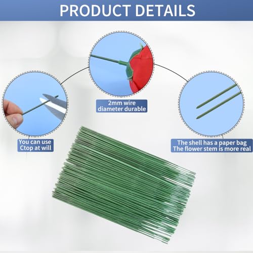 GAQWOK Green Floral Stems - 100pcs Plastic Flower Rods for Bouquets and Arrangements, Ideal for Crafts and Florists (30CM /12in) - color: 12in