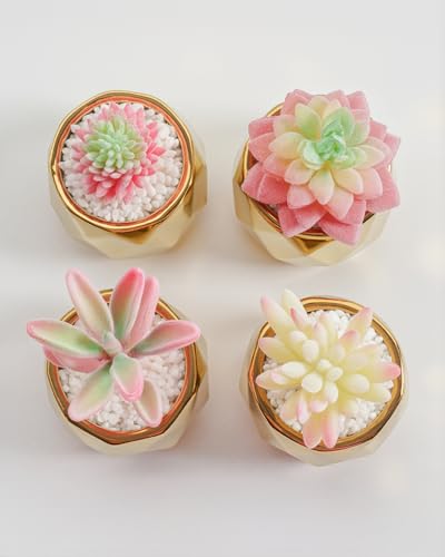 VIVERIE Mini Succulents Plants Artificial in Pots-Pink with Golden Ceramic, Christmas Small Fake Succulents Plants for Home Decor Indoor for Women, Set of 4, Gifts for Mom - color: Golden-4 Pack