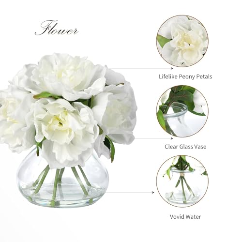 White Peony Bouquet in Glass Vase - 6 Piece Artificial Flower Arrangement with Faux Water for Wedding & Home Centerpieces - color: Peony Flowers, size: White