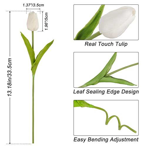 Tulips Artificial Flowers 20 Pcs White Fake Tulip Stems Real Touch PU Tulips for Easter Spring Wedding Bouquet Home Centerpiece Floral Arrangement Table Décor