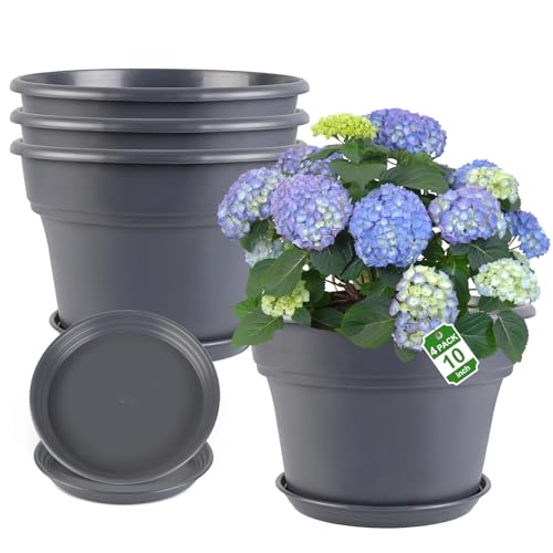 Myfeegoin 10-inch-Plant-Pots-Indoor-Outdoor, 4 Pack Plastic Planters with Drainage Holes & Saucers, Resin Flower Pots with Trays, Classic Garden Pot Container for House - color: Gray, size: 10inch