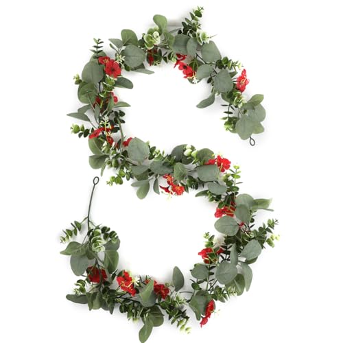 2Pack Eucalyptus Flower Garland with Violet 5.9Ft Artificial Ivy Greenery Hanging Vine Fake Ivy Floral Plants Garland for Wedding Outdoor Garden Party Background Table Runner, Total 11.8Ft, Red - color: Red Violet