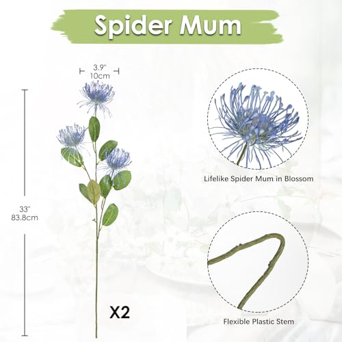 Hollyone 33" Blue Artificial Chrysanthemum Flowers 2Pcs Spider Mum Flower Arrangement Large Faux Flowers with 3 Heads Long Stem for Decoration Home Office Wedding Centerpiece Bouquet Decoration - color: Blue