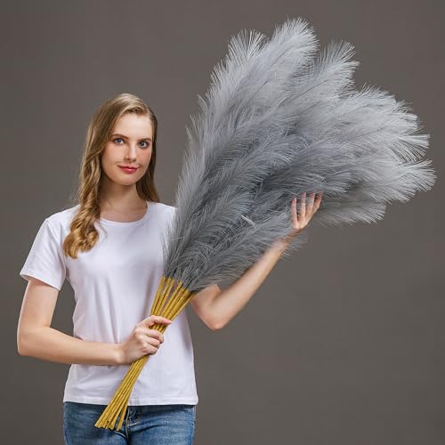 7 Pcs 45" Faux Pampas Grass – Fluffy Artificial Pompous Grass for Tall Floor Vase, Non-Shedding Home Decor, Boho Wedding Flowers, Baby Shower Centerpieces, Bedroom & Living Room Decor (Grey) - color: Grey