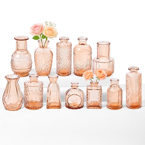 12 Pack Glass Bud Vase Set, Small Flower Vase Set Bud Vases for Wedding Centerpiece Table Decor, Vintage Small Vases for Room Home Dining Party Table Center Decor (Amber Set, 12 Pack) - color: Amber Set, size: 12 Pack