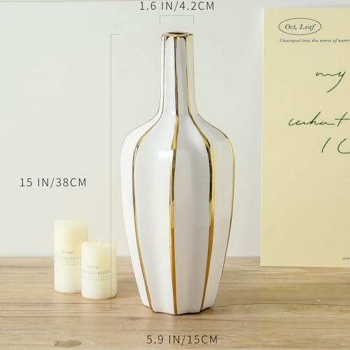 White and Gold Vase, Ceramic Flower Vase for Home Decor, Modern Minimalist Decorative Vase, Large Vases for Centerpiece, Tabletop Decor, Living Room, Bedroom, Office, Entryway(15in) - size: 15 inch
