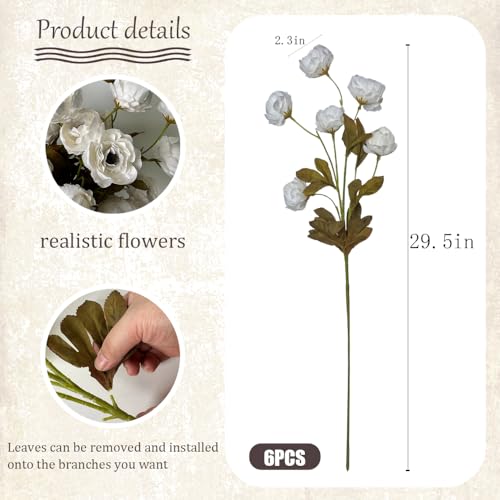 LESING Artificial Peony for Vase, 6 Pcs Fake Peonies 28'' Faux Silk Flowers Bulk Branches with Stems for Tall Vase Home Decoration Table Centerpiece (White) - color: White