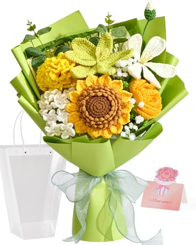 Alecono Crochet Flower Bouquet, Green Knitted Flowers, Crochet Sunflowers for Mother's Day Anniversary Birthday Graduation Lover Valentine Day Gifts (with Card) - color: Green, size: Large
