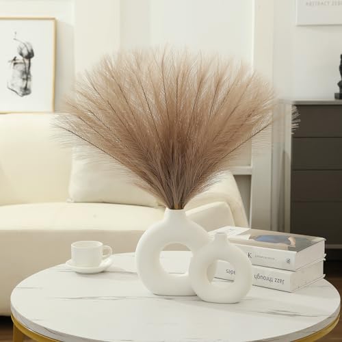 Ureymx Faux Pampas Grass Decor 17.7 Inch 6pcs, Artificial Pampas Grass Fluffy Home Decor, Short Vase Room Decor pompous Grass Flower Arrangement for Boho Home Wedding Decoration (Light Brown) - color: Light Brown, size: 17 Inch 6 Pcs