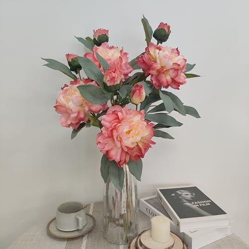 Coral Pink Peonies Artificial Flowers,4 Pcs Fake Silk Peonies with Stems Real Look,Peony Bush for Home Decor (4, Coral Pink) - color: Coral Pink